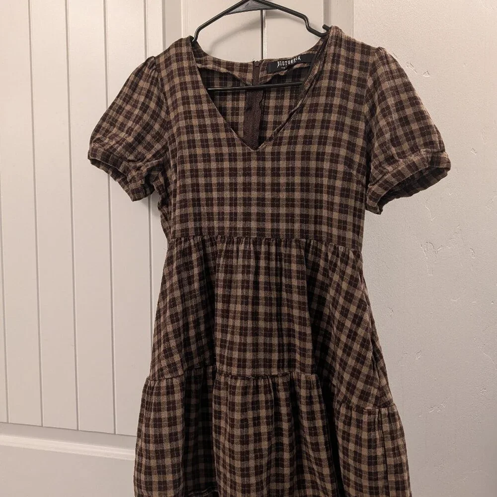 Disturbia- Brown Plaid V-Neck Tiered Short Dress - Picture 2 of 8
